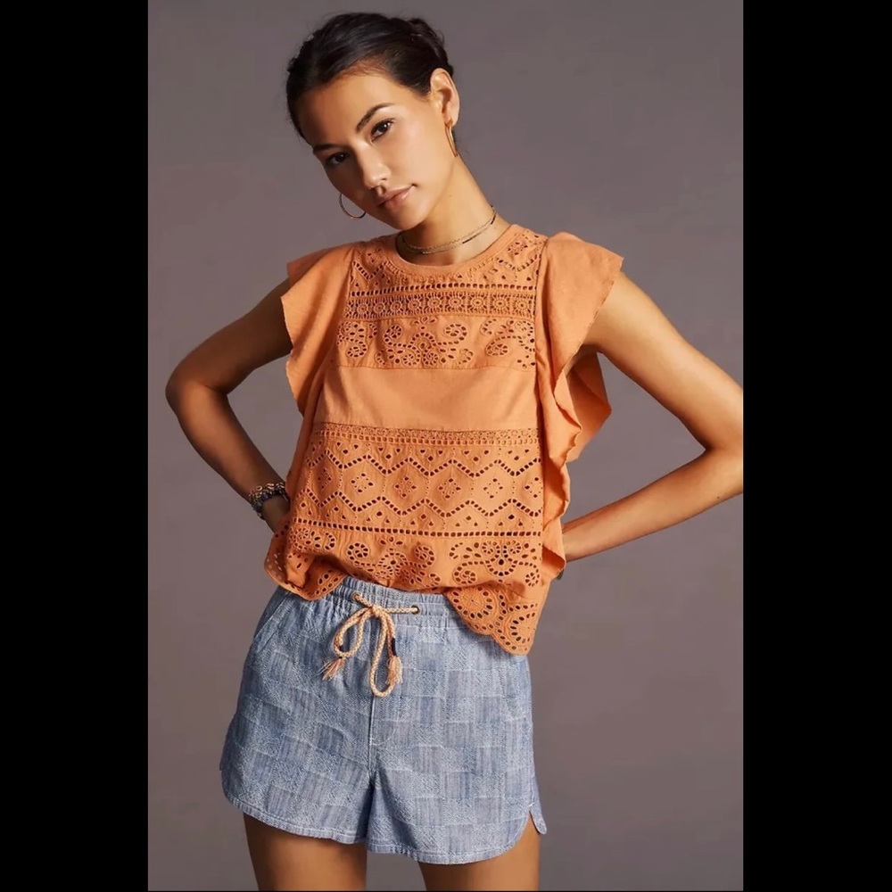 Anthropologie Eyelet Embroidered Ruffle Sleeve Tank Tee XXS